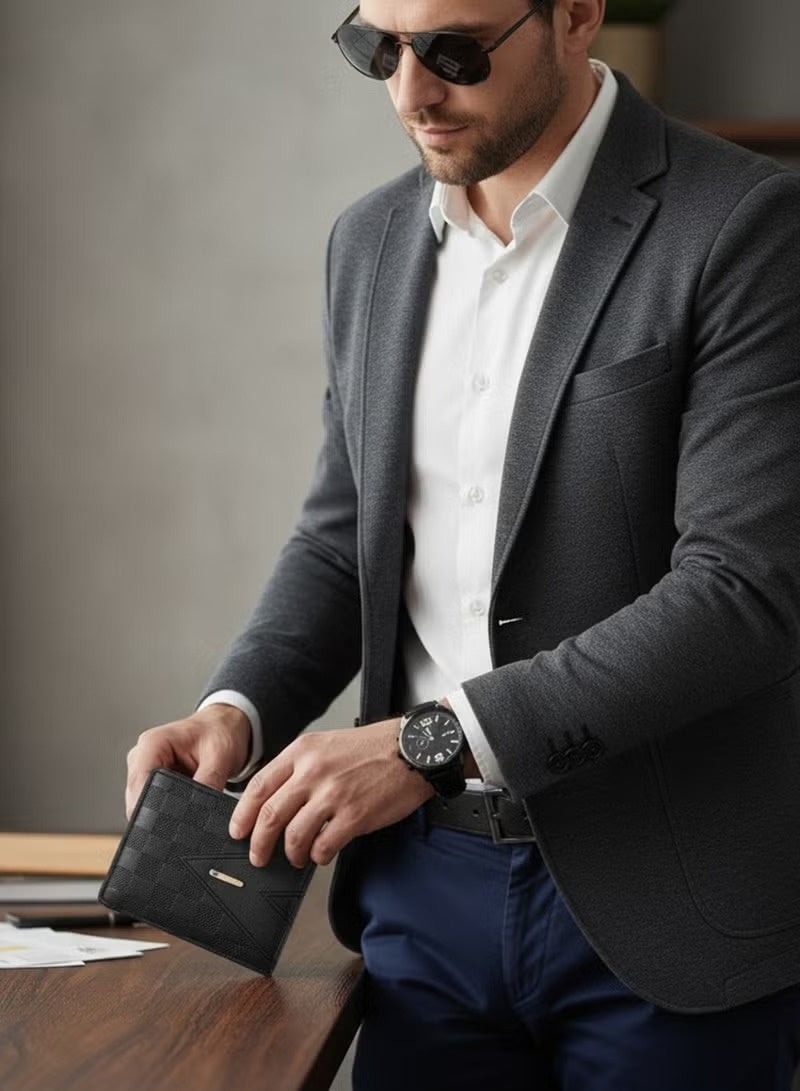 مجموعة هدايا 5 قطع ممتازة للرجال - ساعة ومحفظة وحزام ونظارات شمسية وسلسلة مفاتيح  صندوق هدايا أسود فاخر - Image 4